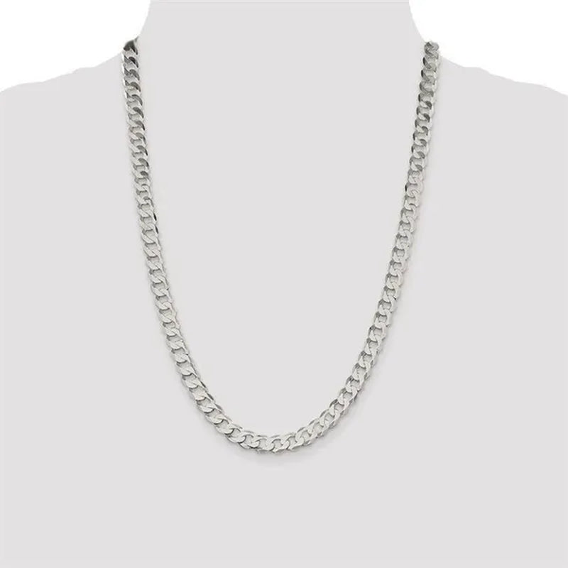 Fashion Solid 925 Silver 8Mm Close Link Flat Curb Cuban Chain Necklace with Secure Lobster Lock Clasp