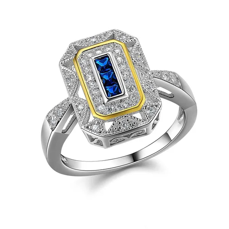 Princess Blue Sapphire White CZ 925 Sterling Silver Yellow Gemstone Ring Sz 5-10