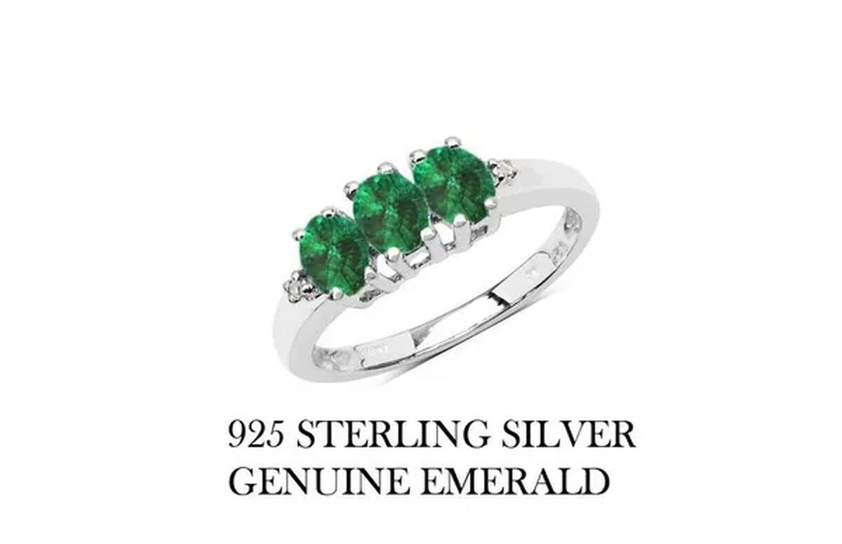 Amazing .925 Sterling Silver Ring W/Genuine Oval Emerald Stones