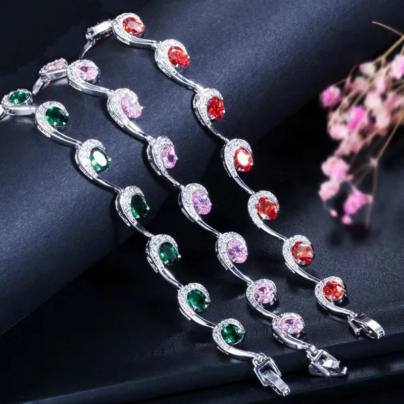 CANDICE Hot Sale Silver Hand Jewelry Classic Oval Red Crystal White Zircon Peacock Tennis Bracelet Bangle for Women Gift 18cm