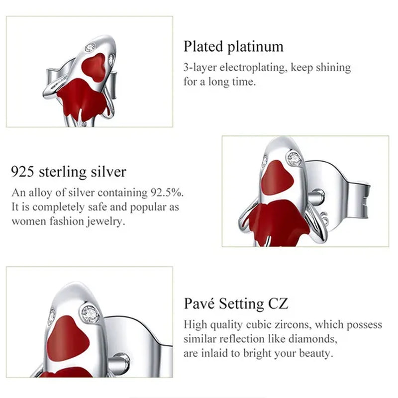 2020 Lucky Koi 925 Sterling Silver Red Enamel White Gold Plated Earrings for Women's Valentine Fashion Jewelry Gift