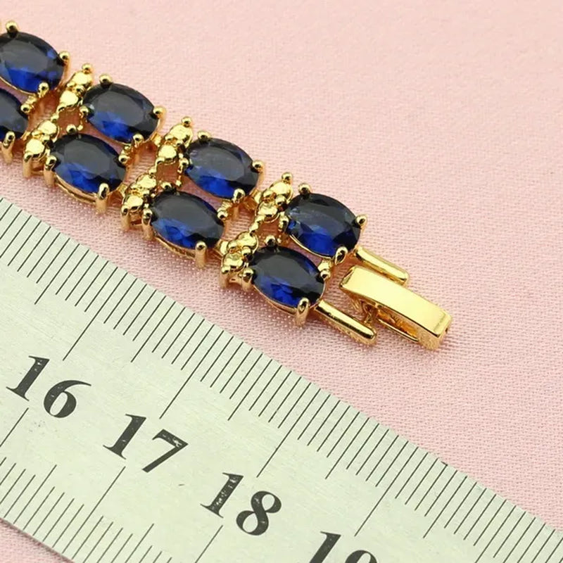 Women's Fashion Flower Shaped Gold Color Jewelry Sets Blue Zircon Earrings Pendant Rings Bracelet