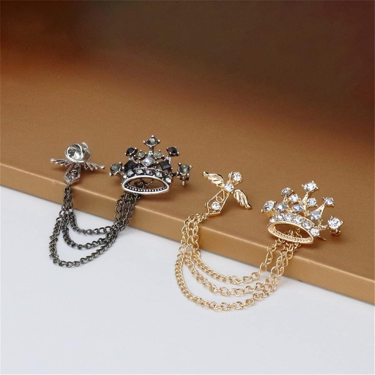 Cross Crown Long Chain Brooch for Men'S Rhinestone Tassel Brooch Pin Coat Tassel Chain Lapel Pins Suit Accessories
