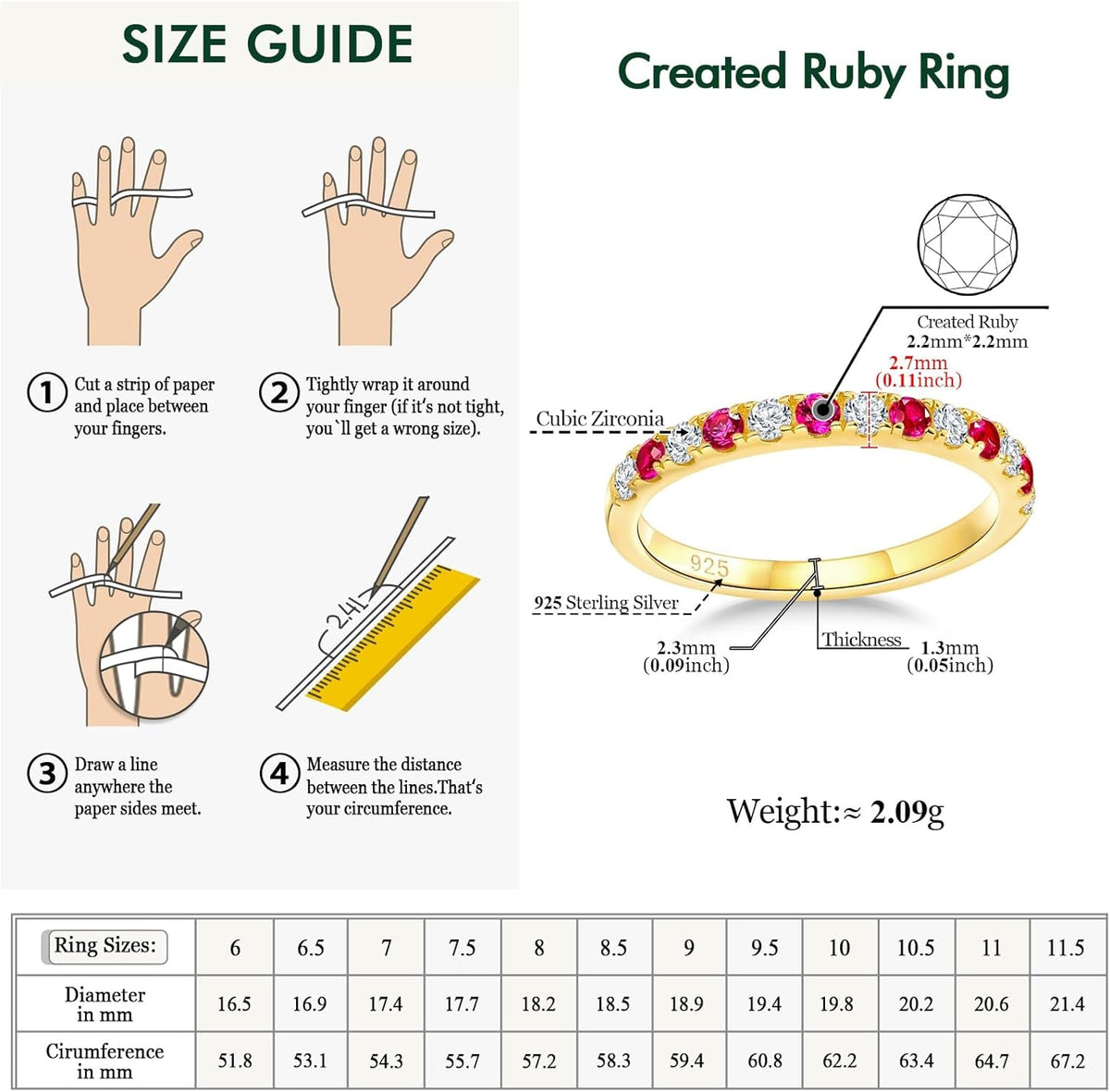Birthstone Rings Eternity Band 925 Sterling Silver/Yellow Gold Created Gemstone Stackable Wedding Band Half Eternity Rings for Women Size 6 to 10