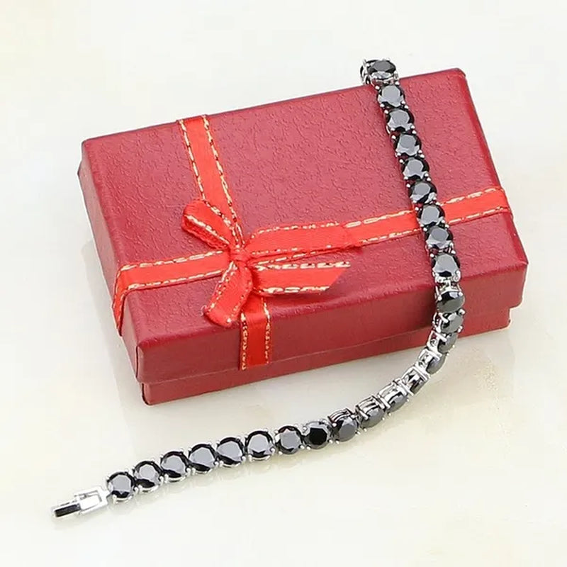 925 Sterling Silver Jewelry Black Sapphire White Topaz round Link Chain Bracelet 7 Inch for Women Wedding Free Gift Box