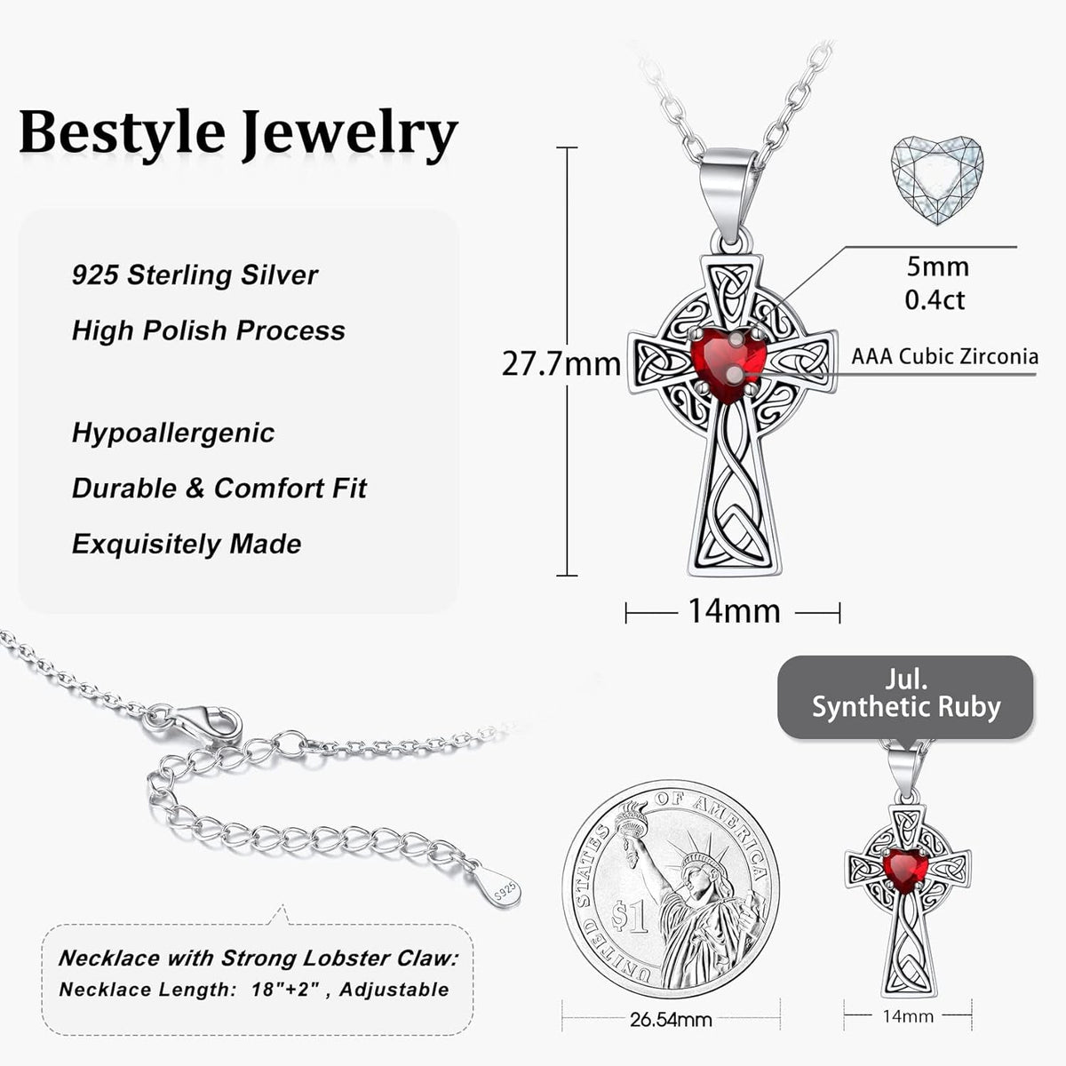 Silver Celtic Cross Necklace with 12 Month Heart Birthstone, Dainty Celtic Birthstone Necklace Silver Chain for Women Faith Irish Amulet Lucky Birthstone Jewelry