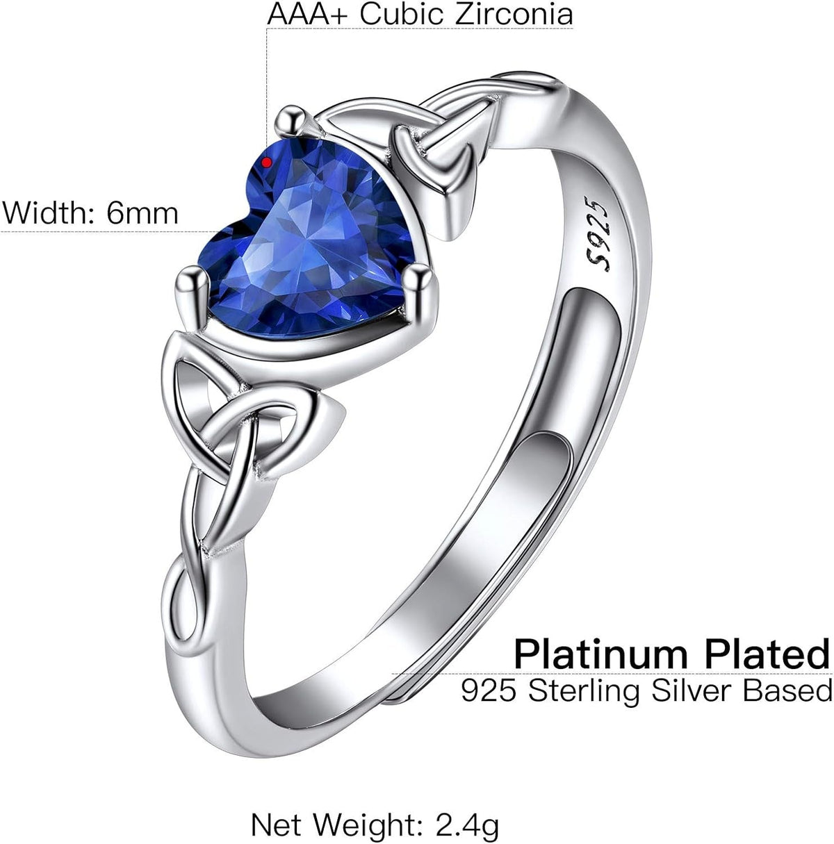 925 Sterling Silver Good Luck Celtic Twisted Knot/Claddagh Heart Birthstone Ring, Thin Delicate Adjustable Promise Engagement Ring Irish Jewelry for Women