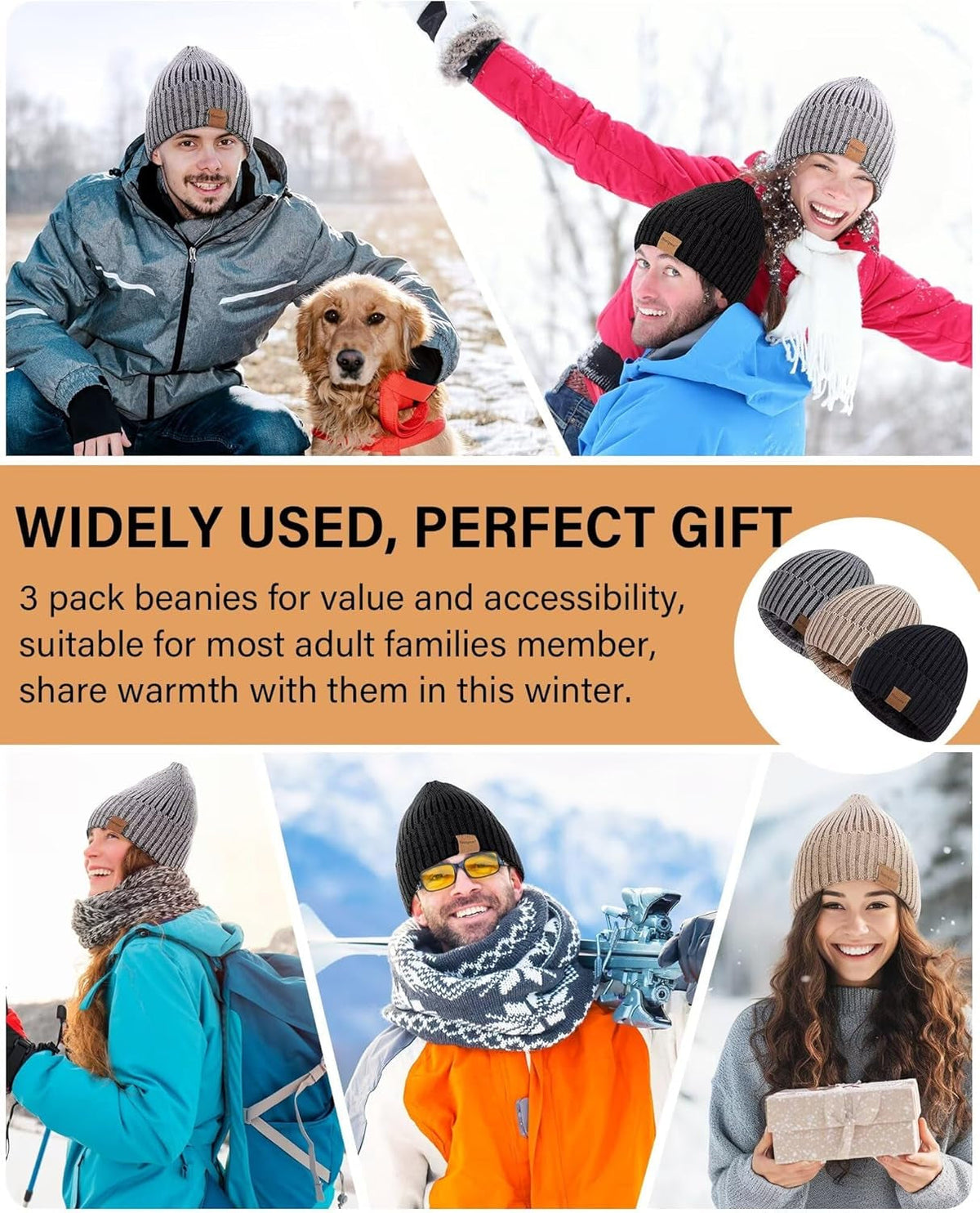 Mens Beanie Hats 3 Pack, Winter Hats for Men Women Warm Thermal Fleece Lined, Thick Knit Fashion Skull Cap for Guys