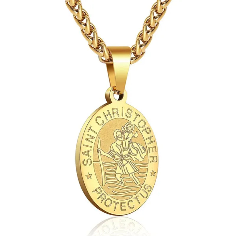 Religious Catholicism Amulet Oval Saint Christopher Necklace for Men Women, 316L Stainless Titanium Steel Catholic Patron Saint of Travellers St Christopher Pendant with Chain 23.6 Inches Black / Silver / Gold