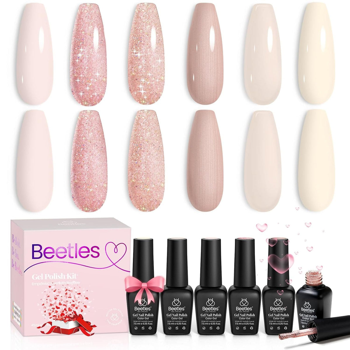 Nail Set 6 Colors, Pink Champagne Glitter Gel Nail Kit Old Money Collection Nude Pink Cream Color Soak Off UV LED Manicure Kit for Women Girls