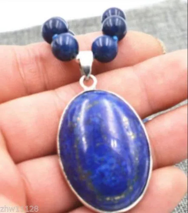New 8mm Blue Egyptian Lapis Lazuli Beads Oval Pendant Necklace 18"
