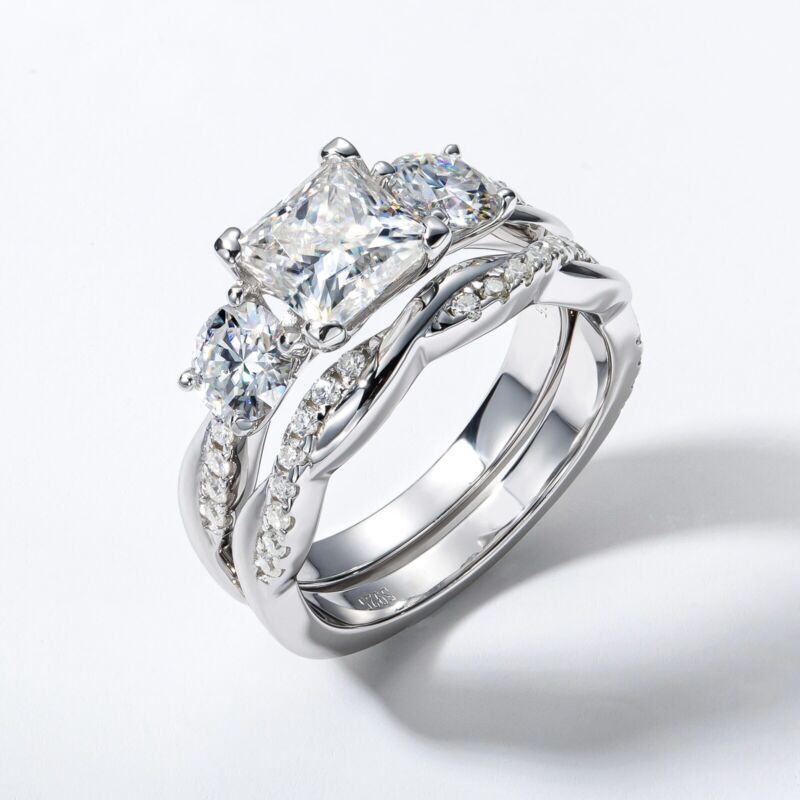 Anujewel 1.5Ct Princess Cut Center Moissanite Bridal Rings Set 925 Sterling