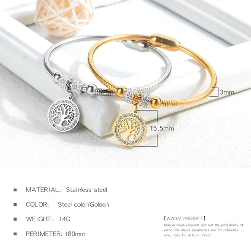 Gold Plated Tree of Life Bangle Bracelet Women Stainless Steel Family Tree Charm Bracelets with AAA Rhinestones & Magnetic Buckle