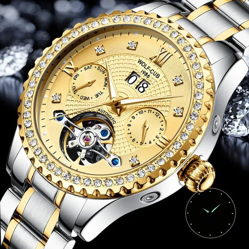 WOLF-CUB New Men Luxury Diamond Watch Full Gold Watch Tourbillon Mechanical Watch Automatic Watch Stainless Steel Waterproof Luminous Relogio Masculinos