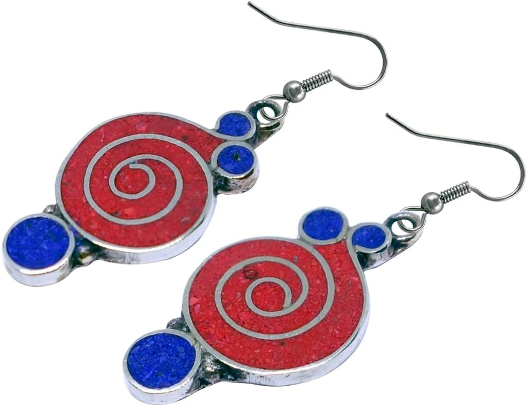 Handmade Drop Earrings, Gemstone Inlay Earring for Women, Boho Design Jewelry, Fashion Earrings for Gifts, Silver Plated Earrings