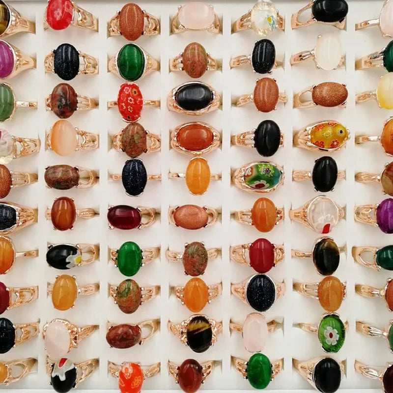 Mixed Wholesale 20Pcs/Gold-plated Natural Gem Ring Printing Rose-gold Women's Jewelry