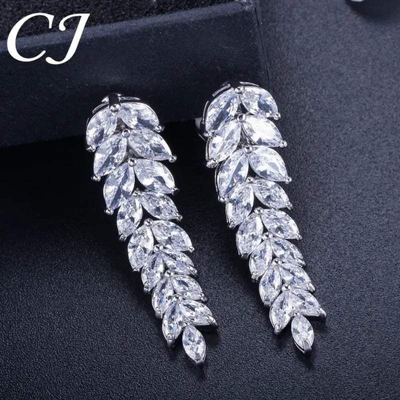 CANDICE New Paved Clear Marquise CZ Zirconia No Pierced Hole Clip On Earrings Stylish Long Leaf Eardrop Banquet Party Jewelry for Ladies