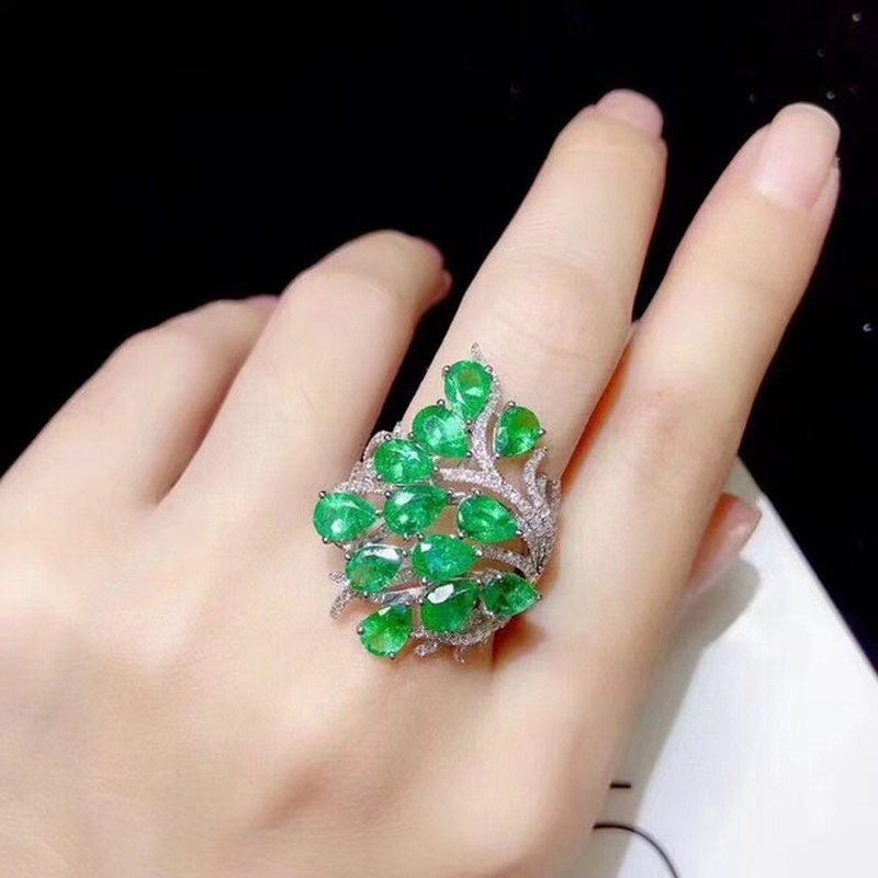 High Jewelry S925 Sterling Silver Natural Emerald New Girls Fashion Gem Rings