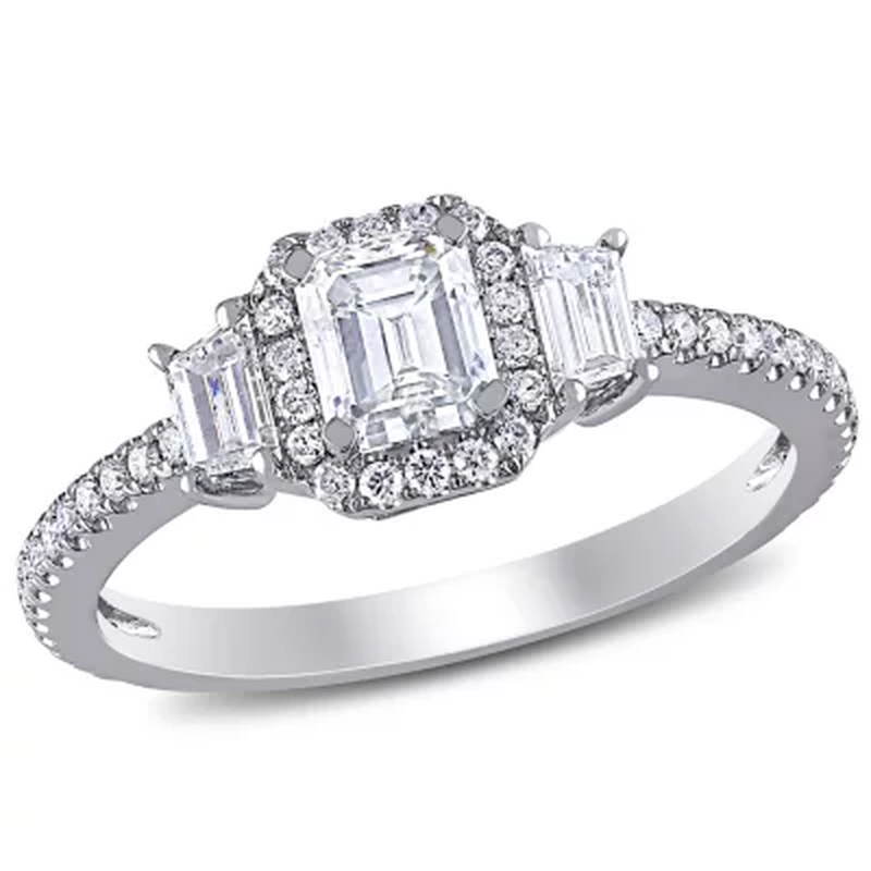 Allura 0.95 CT. T.W. Emerald-Cut Diamond Three Stone Halo Engagement Ring in 14K