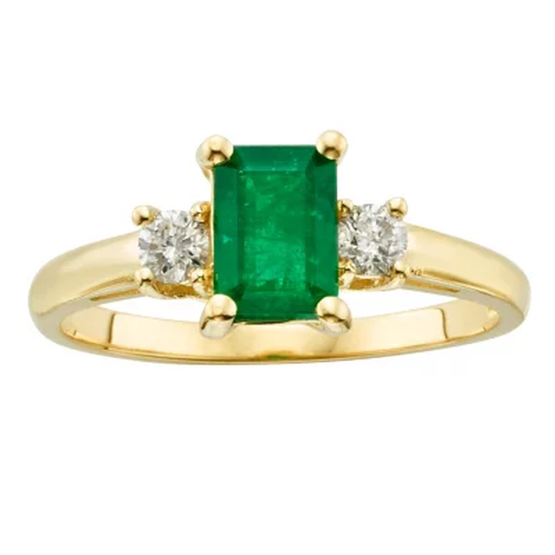 Three Stone Octagonal Emerald Ring with .20CT. T.W. Diamond Set in 14K Gold