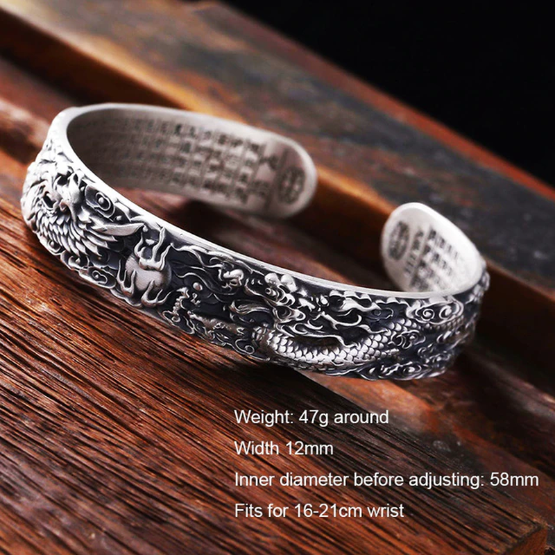 Real 999 Pure Silver Dragon and Phoenix Bangles for Men Heart Sutra Engraved