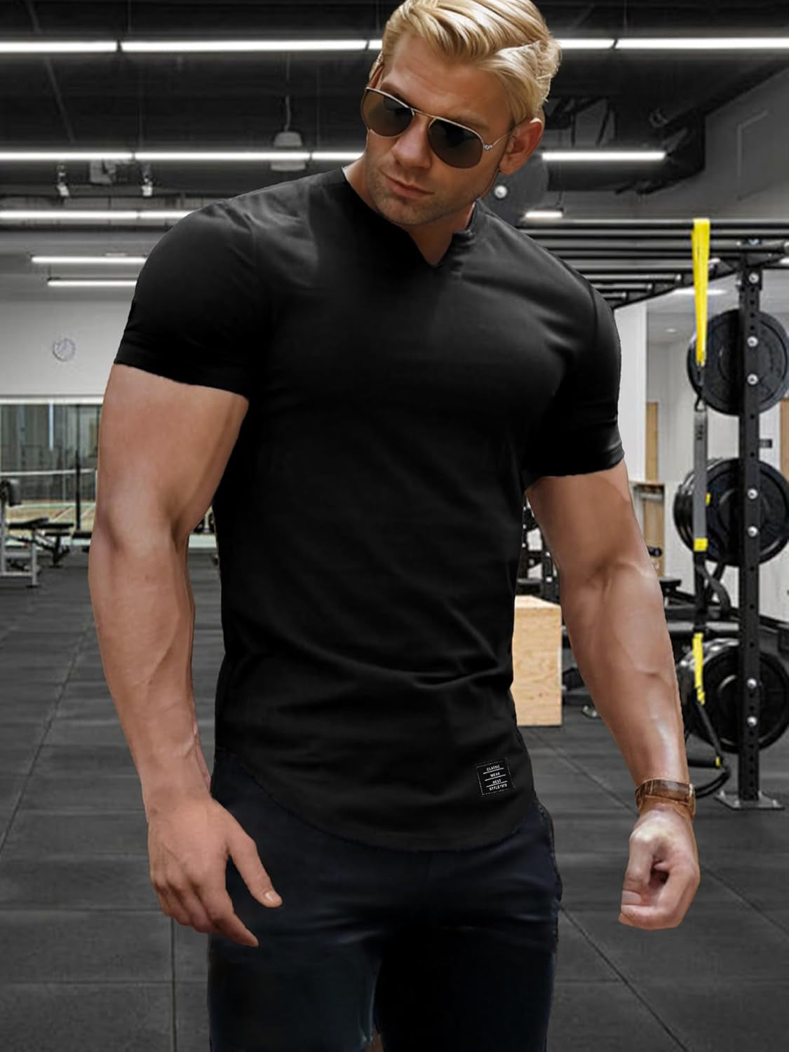 Mens Muscle T Shirts V Neck Short Sleeve Henley Shirt Hipster Longline Gym Workout Athletic Tee Shirts