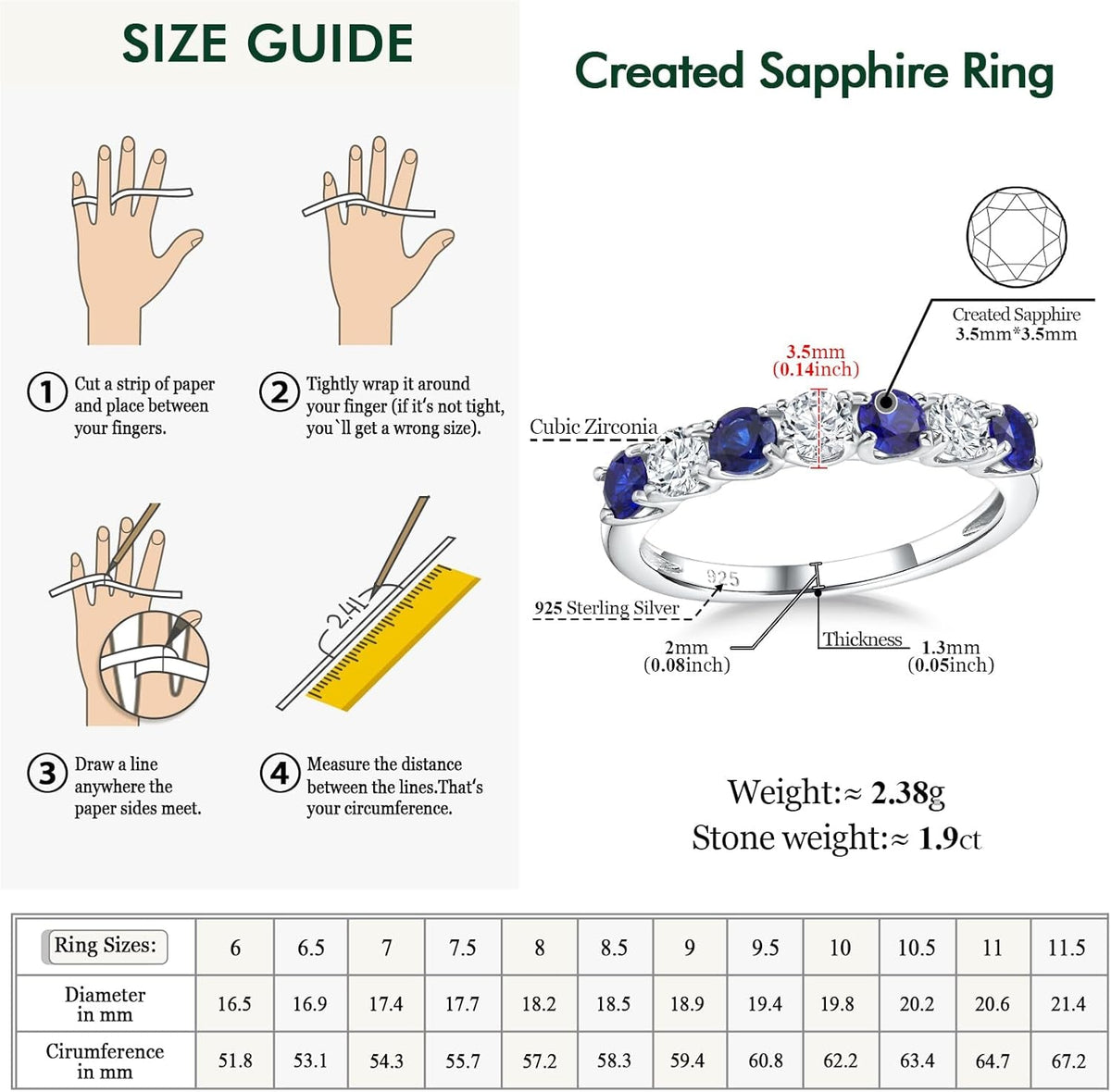 925 Sterling Silver Birthstone Rings for Women Created Gemstone Half Eternity Band 7 Stone Cubic Zirconia Wedding Band Birthstone Jewelry Size 6-10