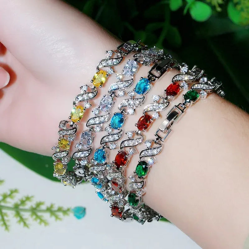 Gloriya Delicate Design Sky Blue Charm Oval Stone Tennis Bracelet Bangle for Women Fashion CZ Silver Plated Elegant Jewelry