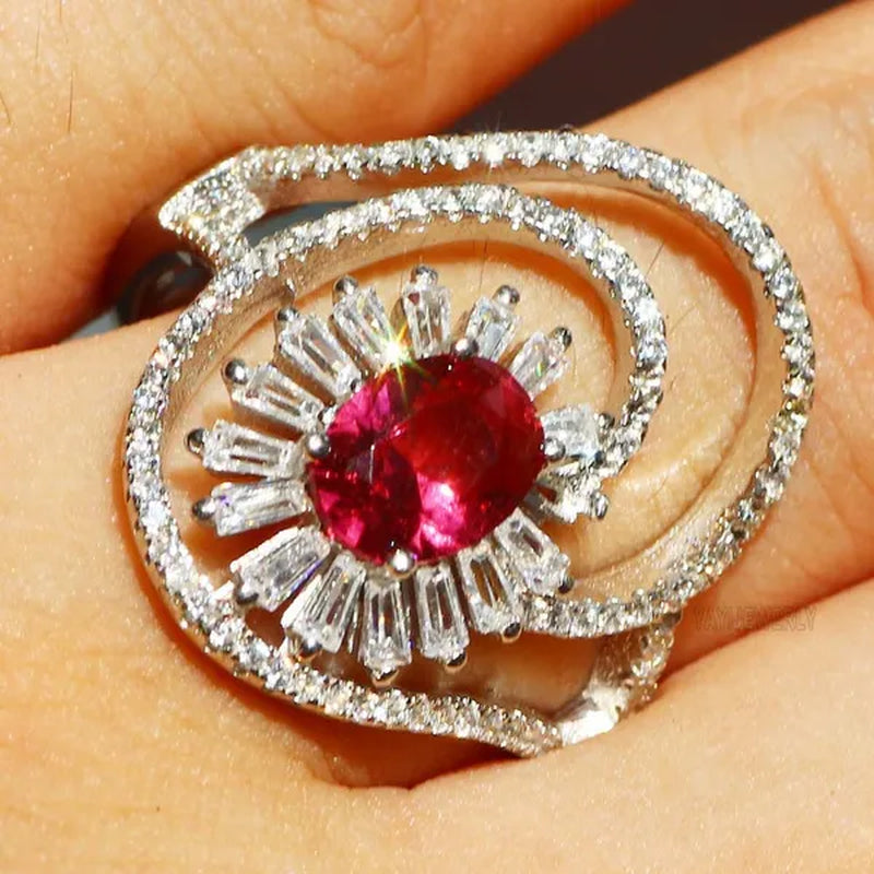 Gorgeous Silver Natural Gemstones Ruby Wedding Birthstone Bride Engagement Multilevel Oval Leaf Ring Jewelry Size 6 7 8 9 10