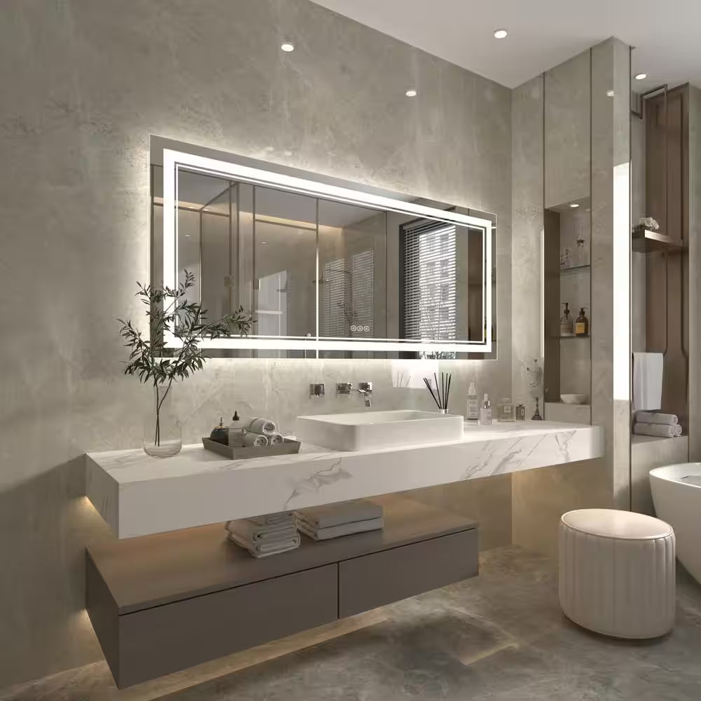 72 In. W X 32 In. H Oversized Rectangular Frameless Anti-Fog Wall Bathroom Vanity Mirror in Silver