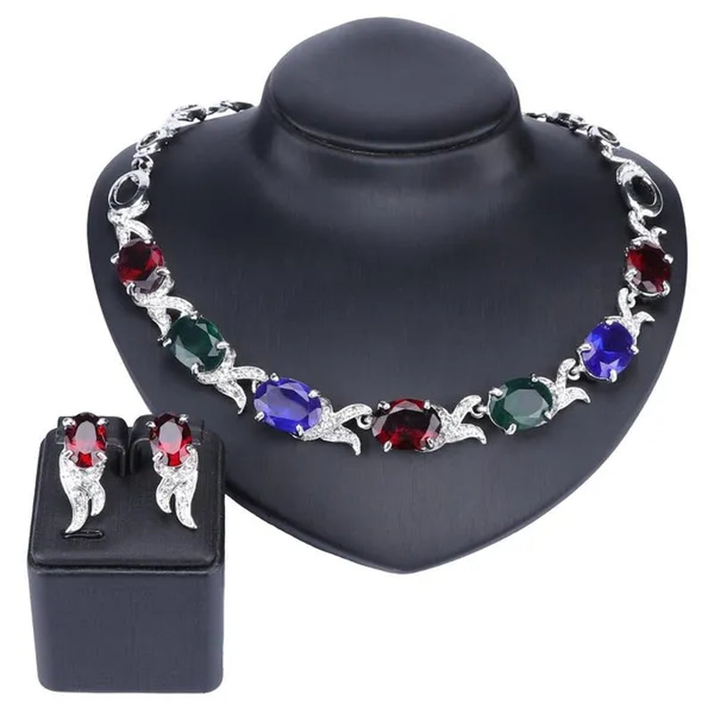 Fashion Women Zircon Rhinestone Necklace Earring Silver Plated Wedding Party Dress Jewelry Sets