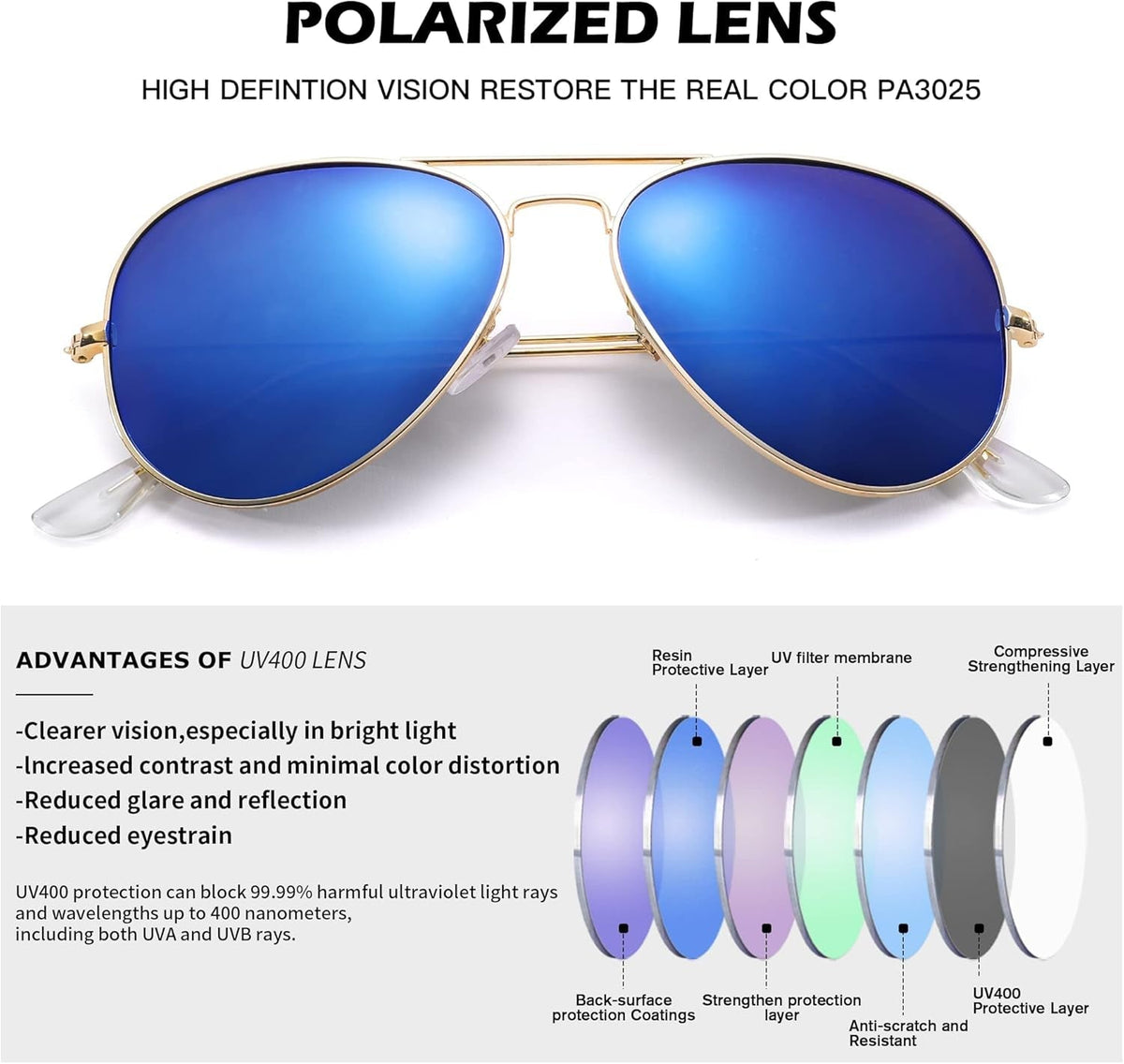 Aviator Sunglasses for Men Women Classic Polarized UV400 Protection
