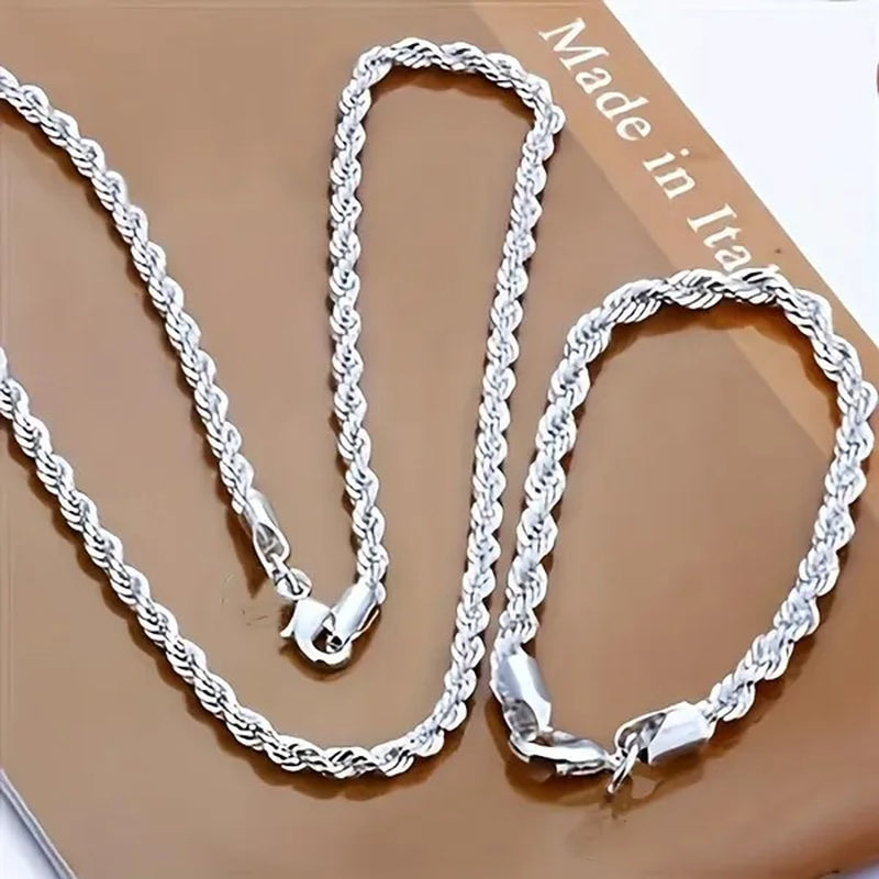 Fashion and Exquisite Men and Women 925 Silver Solid Silver 4Mm Rope Chain Necklace Bracelet (Necklace + Bracelet)