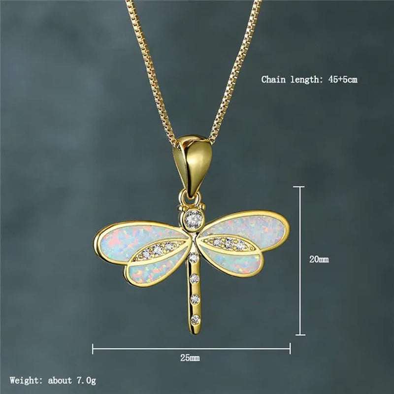 New Fashion White Imitation Opal Dragonfly Pendant Necklace Crystal Inlaid Gold Clavicle Chain Necklaces Jewelry