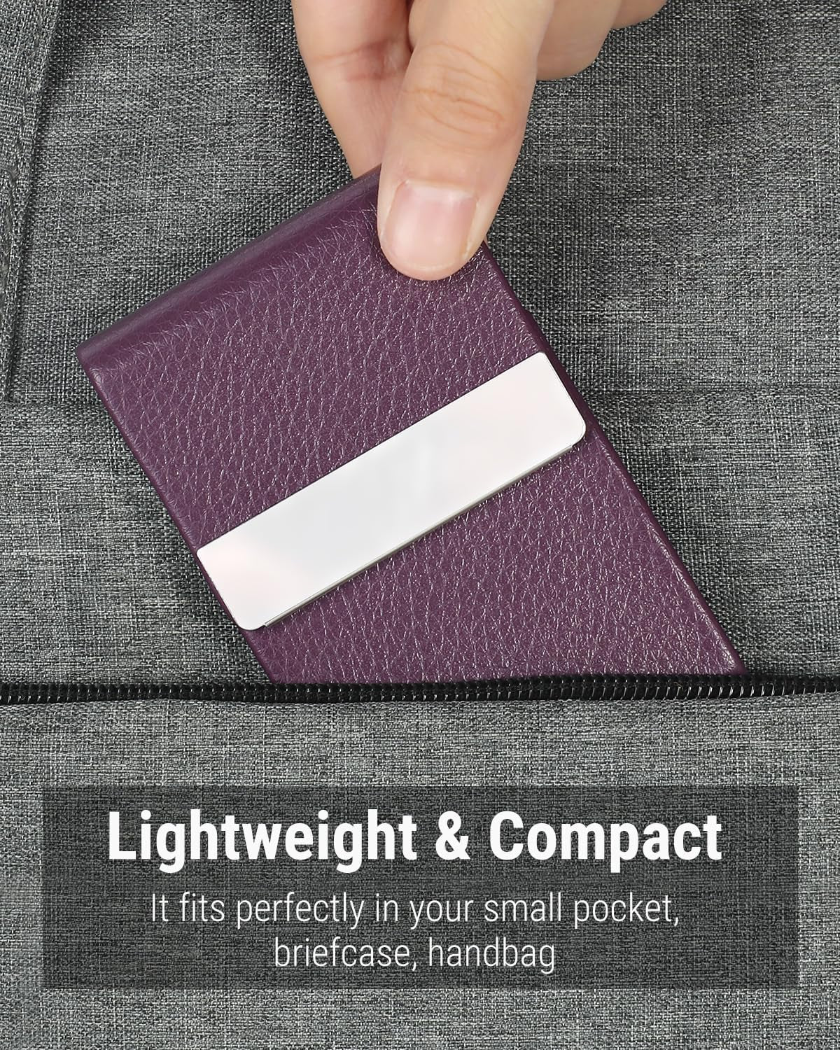 Business Card Holder, PU Leather & Stainless Steel Business Card Case for Men or Women, Slim Name Cards Holder RFID Blocking Credit Cards Carrier with Magnetic Closure, Purple