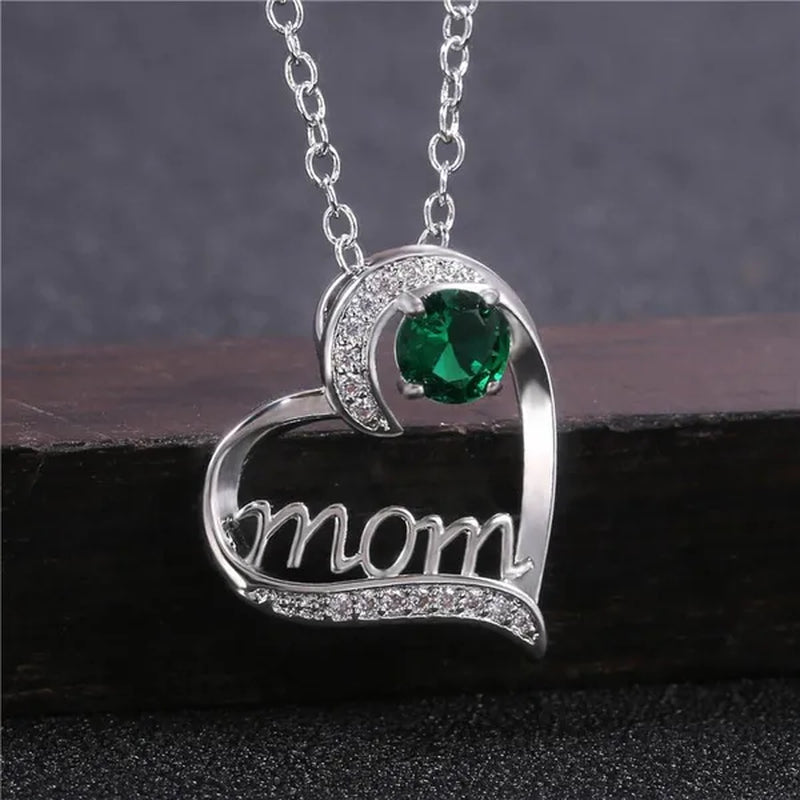 Love Mum Silver Plated Ruby MOM Character Emerald Necklace Jewelry Family Birthday Best Gift for Mother Mummy Party Wedding Band Necklace Christmas Gift