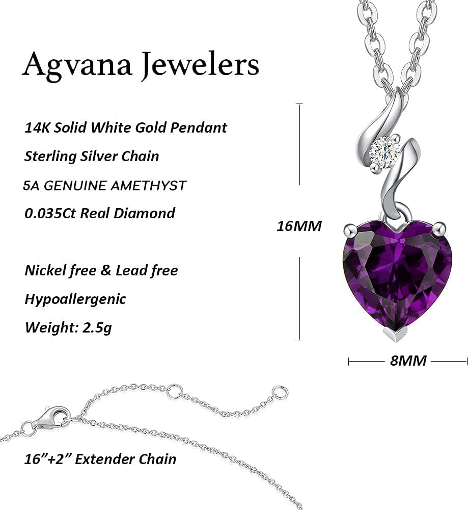 14K Solid White Gold Diamond Gemstone Pendant with Sterling Silver Chain 8Mm Heart Birthstone Necklace Fine Jewelry Anniversary Birthday Gifts for Women Mom Wife