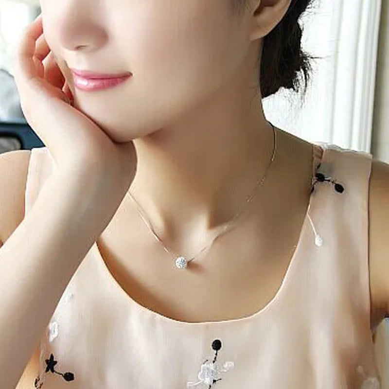 Women's Fashion 925 Sterling Silver Ball Pendant Crysta Diamond Choker Necklace Jewelry