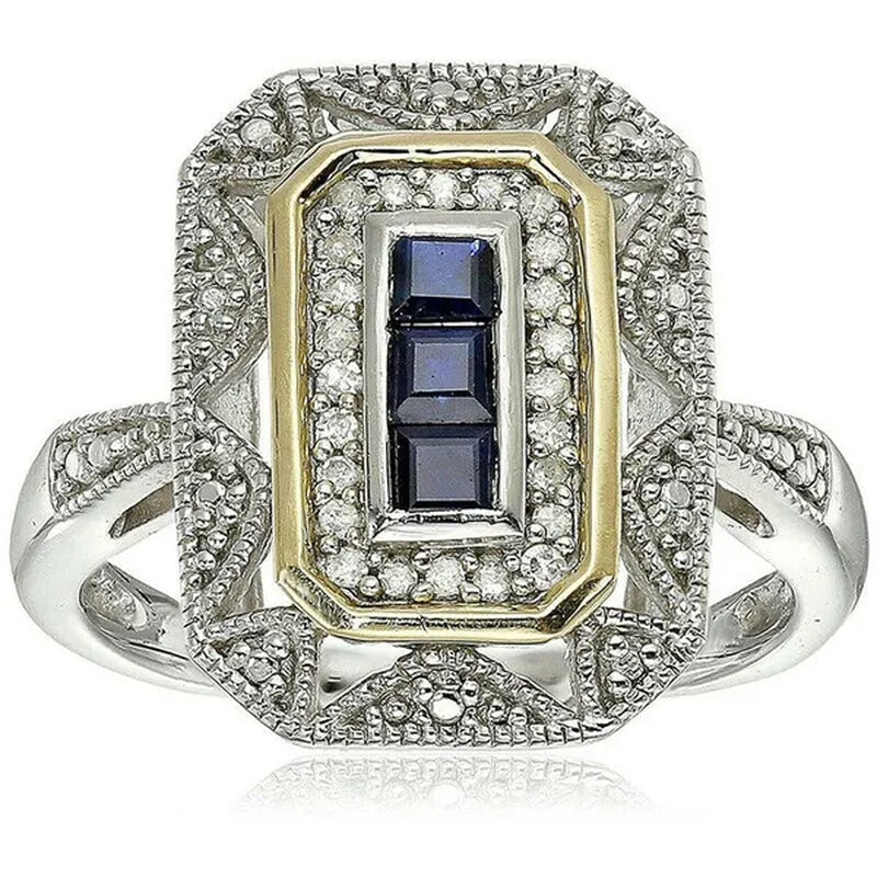 Vintage 925 Silver Plated Princess Created Blue Zircon Art Deco-Style Ring Size 6-10 Arrow