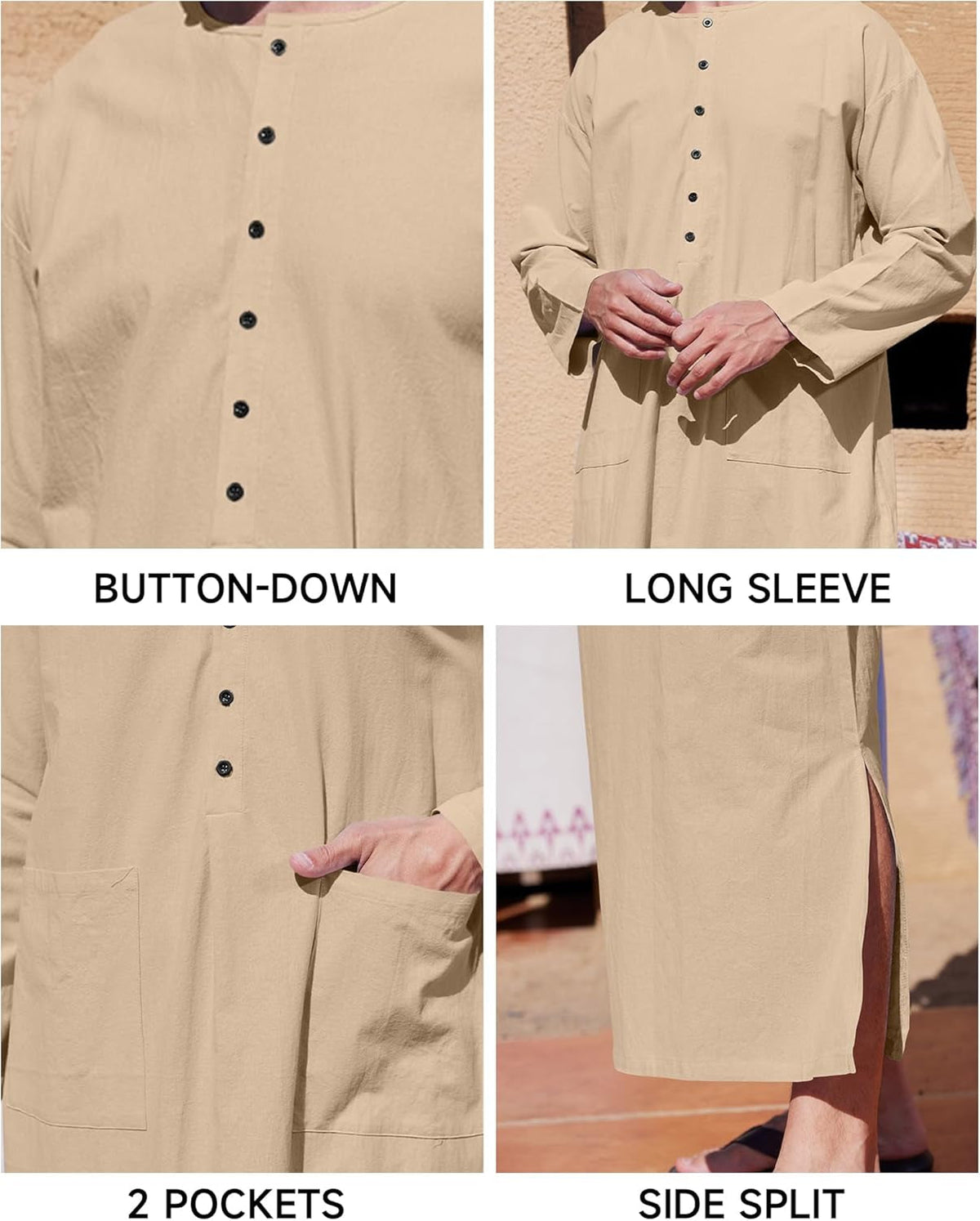 Men'S Kaftan Thobe Long Sleeve Muslim Robe Button up Side Split Kaftan Thobe with Pockets