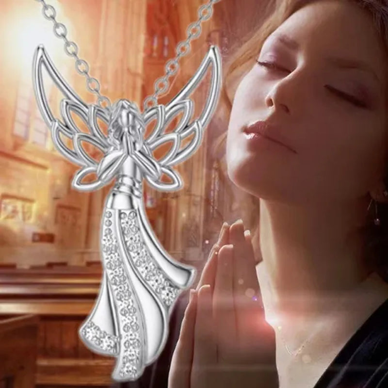 Exquisite Fashion Creative Women Angel Wings Diamond Necklace Holy Faith Angel Princess Pendant Engagement Necklace Women Diamond Jewelry Birthday Party Anniversary Gift Christmas Gift Jewelry Necklace