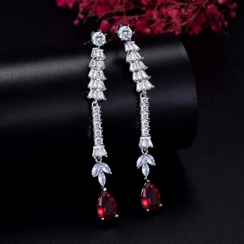 Gloriya Noble Wedding Banquet Jewelry Set Dress Accessories Full CZ with Red Water Drop Gemstones Long Tassel Dangle Earrings and Choker Necklace Sets for Ladies