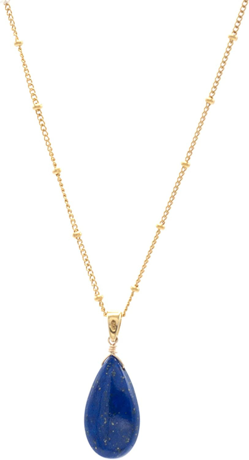 14K Gold-Filled Satellite Chain Necklace with a Smooth Lapis Lazuli Pendant, 18"