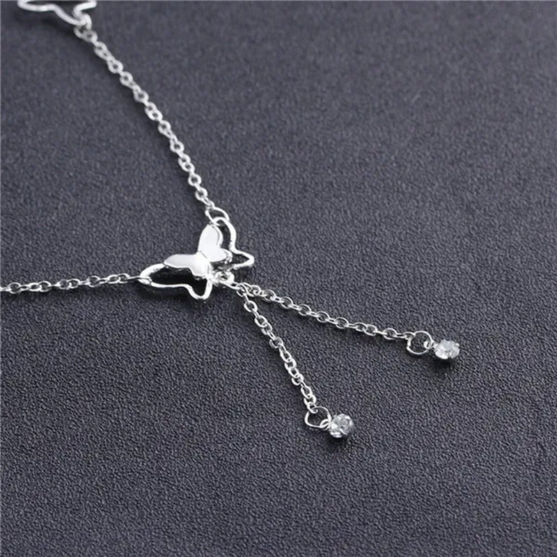 Women Beach Anklet Hollow Butterfly Double Drill Tassel Rose Bracelet Ankle Chai