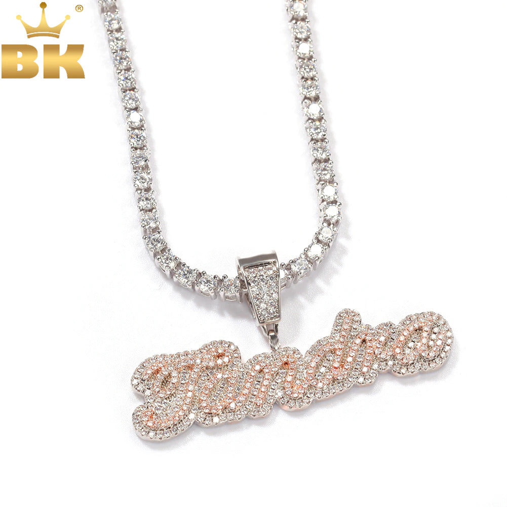 Custom Name Necklace Bubble Edwardian Script Letter Iced Out White Pink CZ