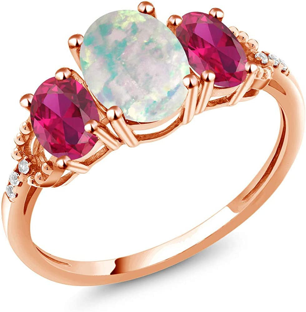 10K Rose Gold Cabochon Simulated Opal Created Ruby and Diamond Accent Women Ring