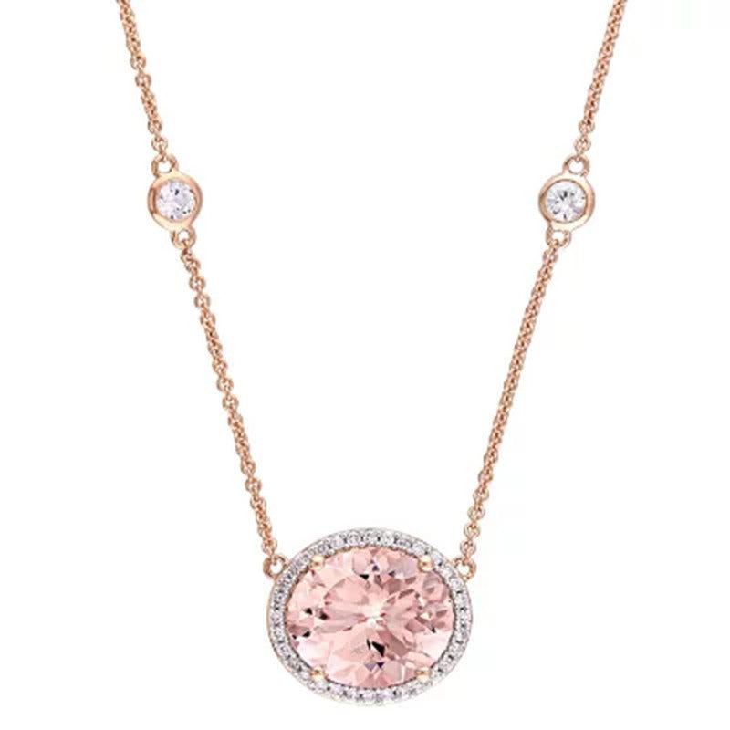 Morganite and White Sapphire with 0.13 CT.T.W. Diamond Station Halo Necklace in