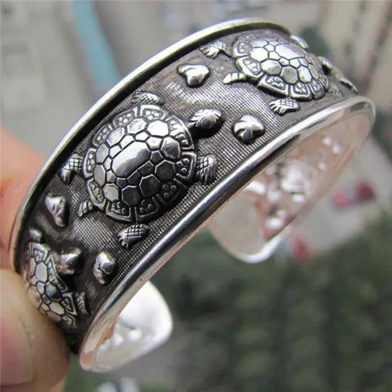 Fashion Tibet Silver Plated Carved Longevity Turtle Pattern Bracelet Party Gift