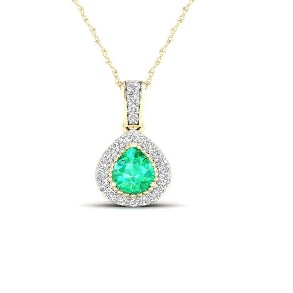 Imperial Gemstone 10K Yellow Gold Pear Cut Emerald 1/20 CT TW Diamond Halo Penda