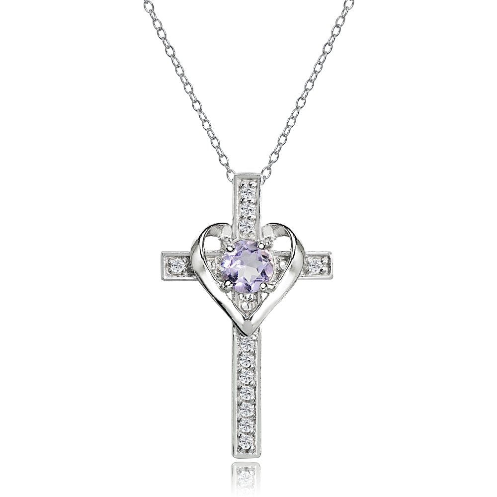 Sterling Silver Amethyst and White Topaz Heart Cross Birthstone Pendant Necklace